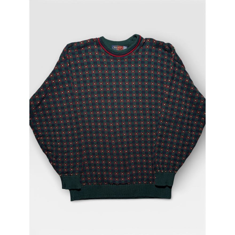 Vintage REPP LTD Textured Knit Sweater Green Geometric Pattern‎ Made in USA 2XLT